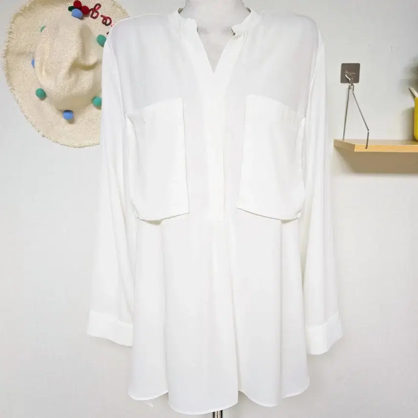 [BUNJANG] Oversized Long Shirt with See-Through Pockets - White / 55~88 시스루 오버핏 포켓 롱셔츠 화이트