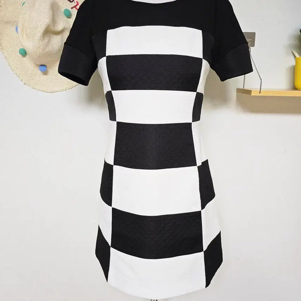 [BUNJANG] Black and White Checkered Mini Dress / 라인 블랙앤화이트 체크무늬 55 미니원피스