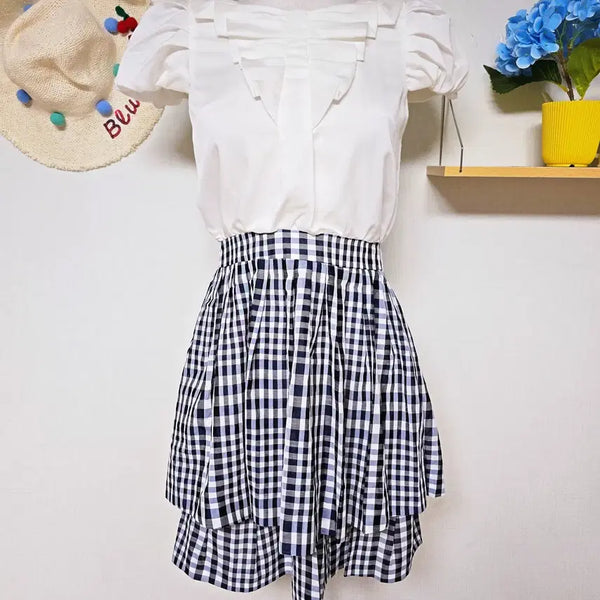 [BUNJANG] LINE Check Layered Mini Dress White / 새상품 LINE 체크레이어드 미니원피스 55 화이트