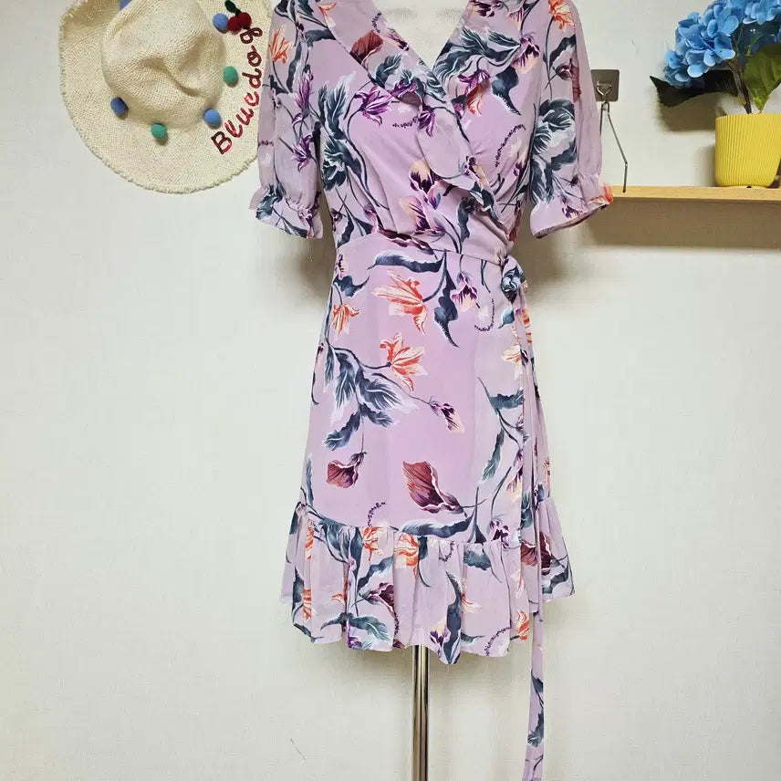[BUNJANG] Mini Frill Short Sleeve Chiffon Wrap Dress / 랩원피스 미니 프릴 반팔 쉬폰 55 66 퍼플 F