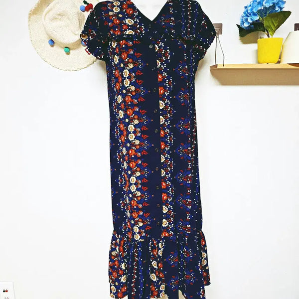 [BUNJANG] Pattern Short Sleeve Long Dress Navy / 문양 반팔 롱원피스 55 66 네이비