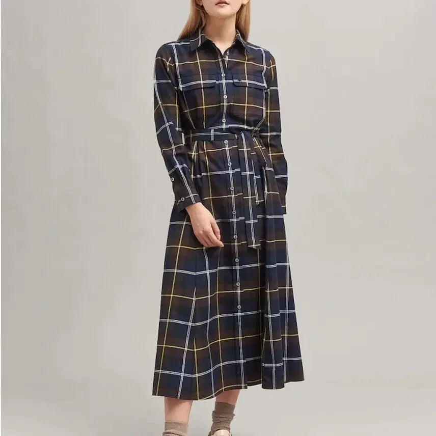 [BUNJANG] Beanpole Navy Check Pattern Long Dress / 빈폴 네이비 체크 패턴 셔츠 롱원피스 100사이즈 66~77사이즈