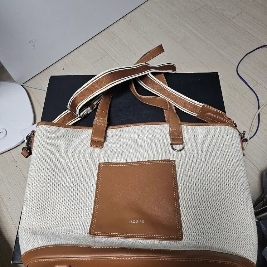 [BUNJANG] Esquire Canvas Tote Bag (Ivory/Brown) / 에스콰이어 캔버스 토트백 아이보리/브라운 상태최상