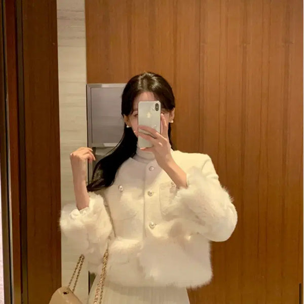 [BUNJANG] ATTRANGS Fur Trimmed Mink Color Block Tweed Jacket / 아뜨랑스 퍼 트리밍 밍크 배색 트위드 자켓