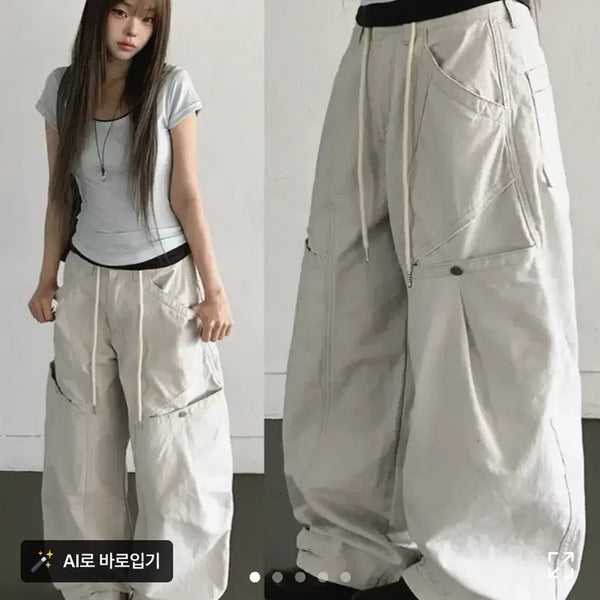 [BUNJANG] Avely Cargo Balloon Wide Cotton Pants Light Grey M / 에이블리 카고 벌룬 와이드 코튼 팬츠 라이트그레이 M
