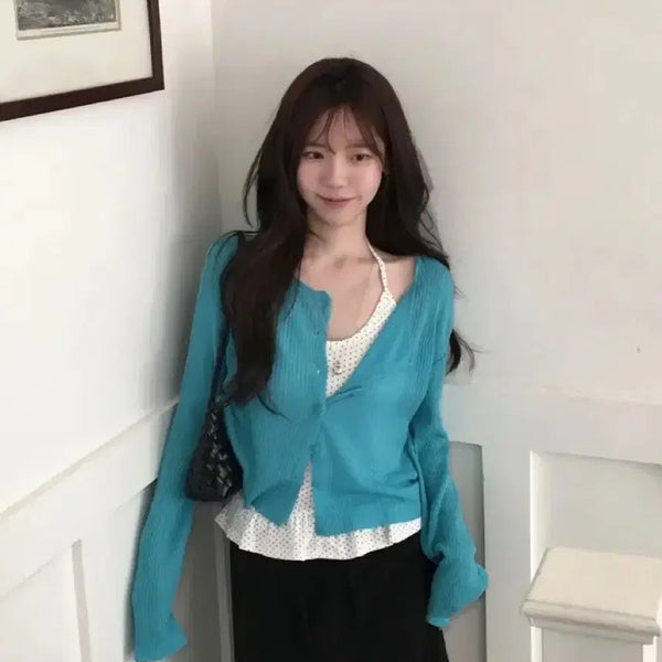 [BUNJANG] Ribbed Round Neck Cardigan Aqua Blue / 새상품) 골지 라운드 가디건 아쿠아 블루