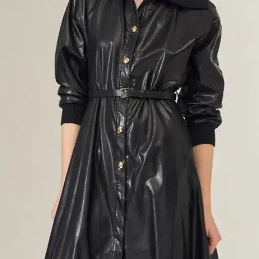 [BUNJANG] Objet Brown Leather Belted Dress / 오브제 브라운 레더 리브 칼라 벨트드 드레스 88-98-165 66