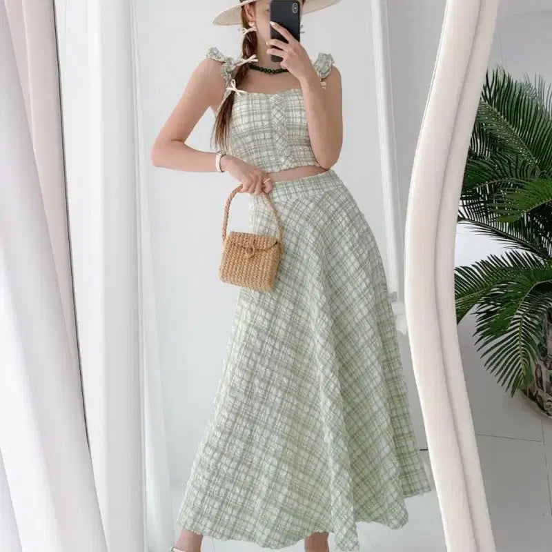 [BUNJANG] Sleeveless Long Two-Piece Set - Mint Checkered Pattern / 연두색 체크무늬 민소매 롱 투피스