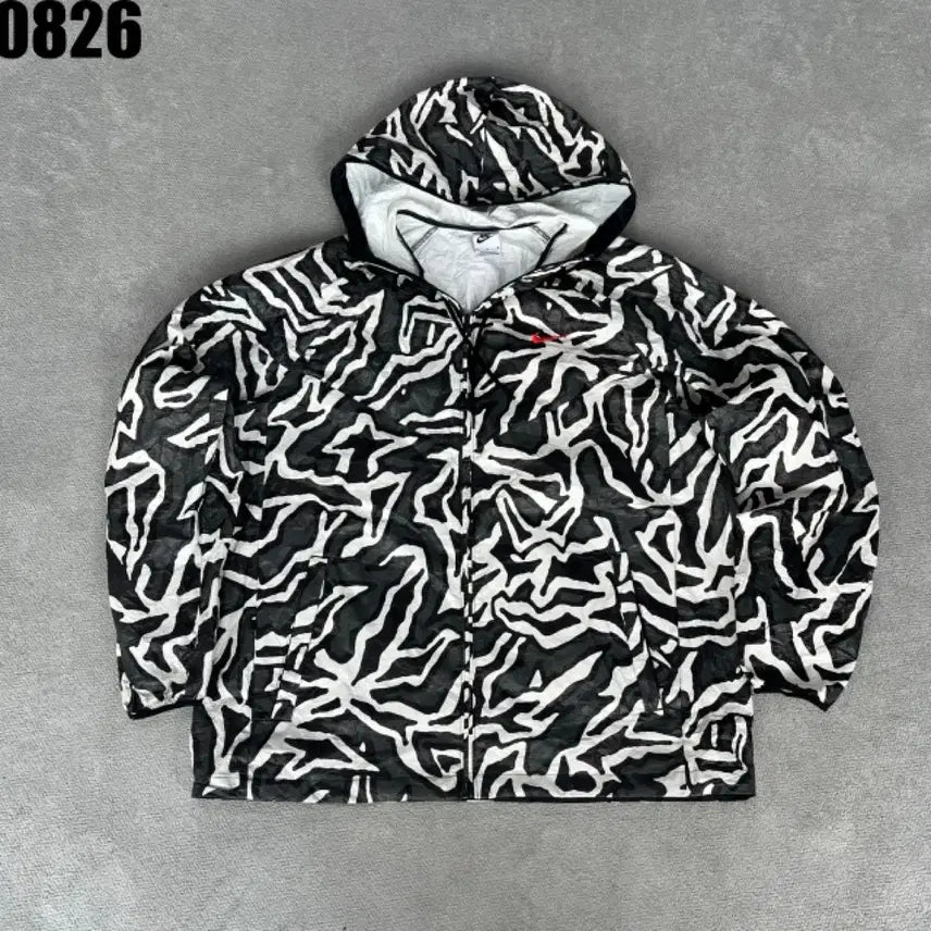 [BUNJANG] Nike Black/White Leopard Pattern Hooded Windbreaker Zip-Up Jacket M / 나이키 바람막이 후드 집업 블랙/화이트 호피 패턴 M