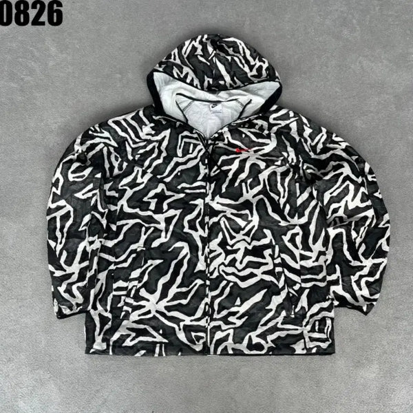 [BUNJANG] Nike Black/White Leopard Pattern Hooded Windbreaker Zip-Up Jacket M / 나이키 바람막이 후드 집업 블랙/화이트 호피 패턴 M