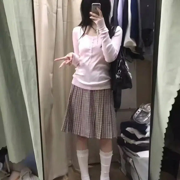 [BUNJANG] Check Pleated Midi Skirt - Pink / 체크 플리츠 스커트 핑크