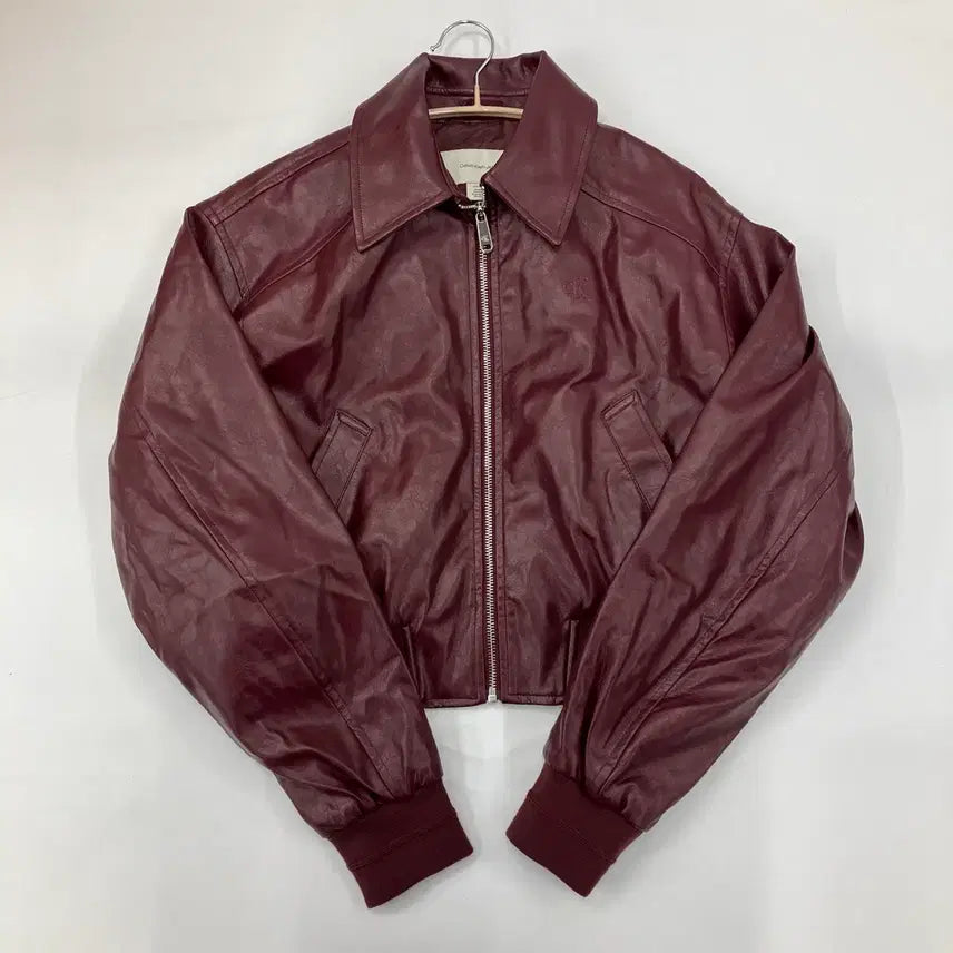 [BUNJANG] Calvin Klein Leather Crop Jacket Burgundy / 캘빈클라인 레더 크롭 자켓 버건디