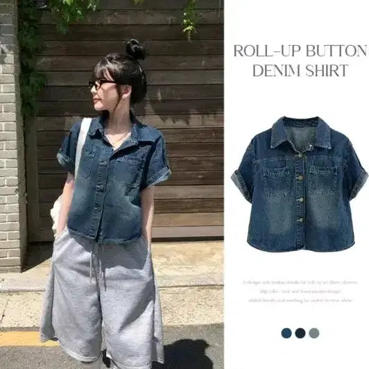 [BUNJANG] Ablley Rolled-Up Denim Short-Sleeve Shirt / 에이블리 롤업 데님 반팔 청남방 셔츠