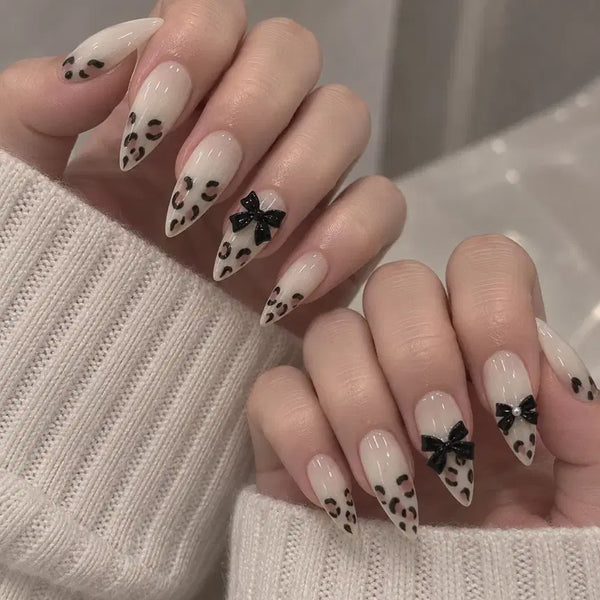 [BUNJANG] Leopard Print Ribbon Nail Tips / 호피 리본 네일팁