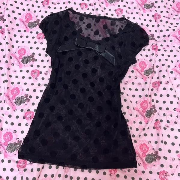 [BUNJANG] Black Dot Ribbon Blouse / 블랙 도트 리본 블라우스 히메갸루 러블리 빈티지 일브