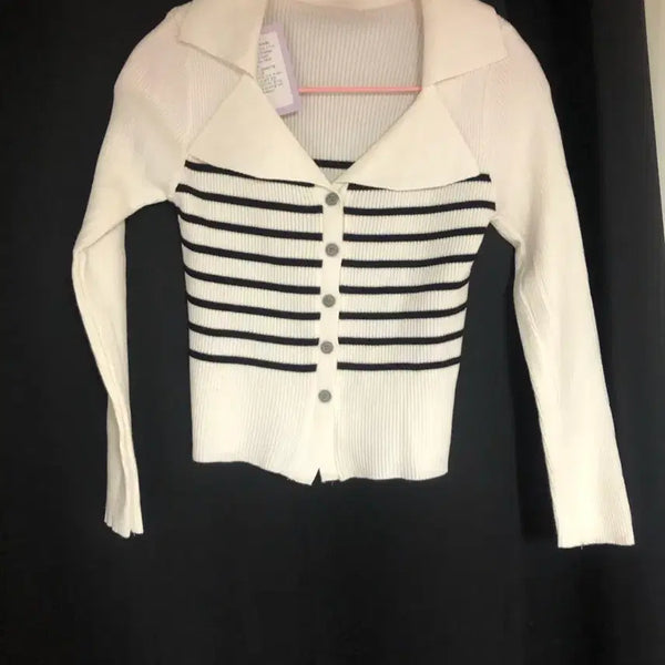 [BUNJANG] Stripe Cropped Cardigan - Light Beige / 새상품 카라넥 스트라이프 가디건 크롭 연베이지 프리