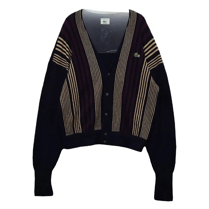 [BUNJANG] Lacoste Pattern 100% Wool V-Neck Knit Cardigan with Crocodile Embroidery / 라코스테 패턴 울 100% 클래식 악어 자수 브이넥 니트 가디건 100