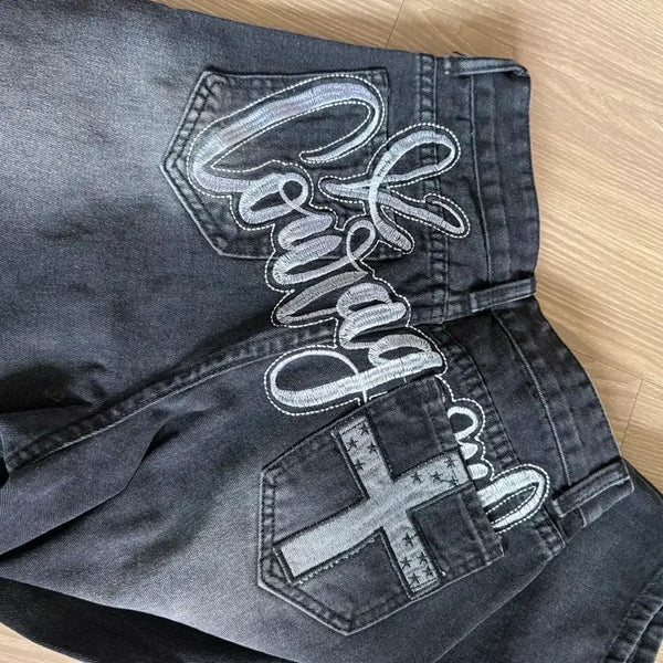 [BUNJANG] Lettering Wide Denim Pants / 레터링 와이드 데님 팬츠