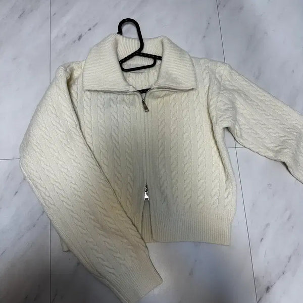 [BUNJANG] Twisted Knit Zip-Up Ivory / 꽈배기 니트 집업 아이보리