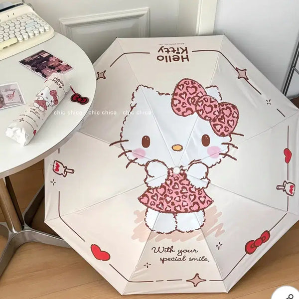 [BUNJANG] Hello Kitty Leopard 3-Section Folding Umbrella / 헬로키티) 레오파트 3단 우산