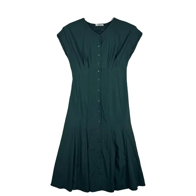 [BUNJANG] Deep Green V-Neck Button Flare Long Dress / 딥그린 브이넥 버튼 플레어 롱 원피스 [M] 하객룩
