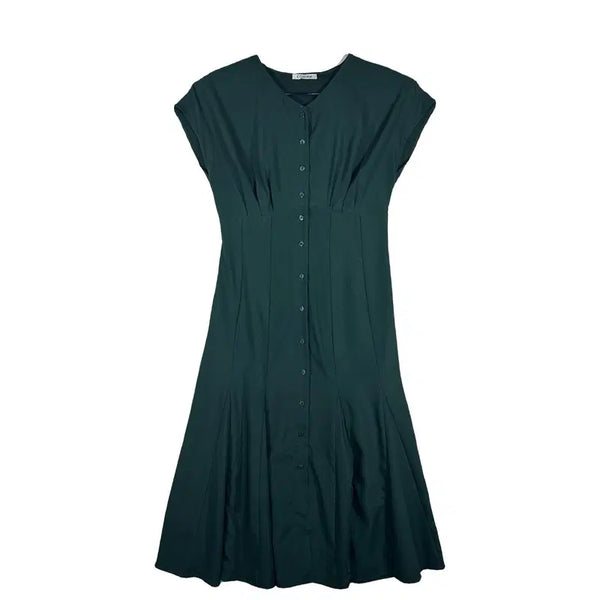 [BUNJANG] Deep Green V-Neck Button Flare Long Dress / 딥그린 브이넥 버튼 플레어 롱 원피스 [M] 하객룩