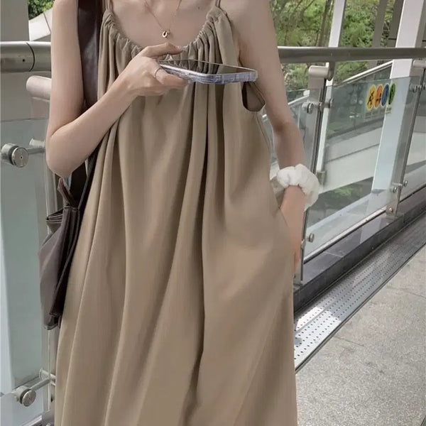 [BUNJANG] Beige String Sleeveless Long Dress / 진베이지 스트링 나시 롱 원피스 여름 휴양지 가단 68