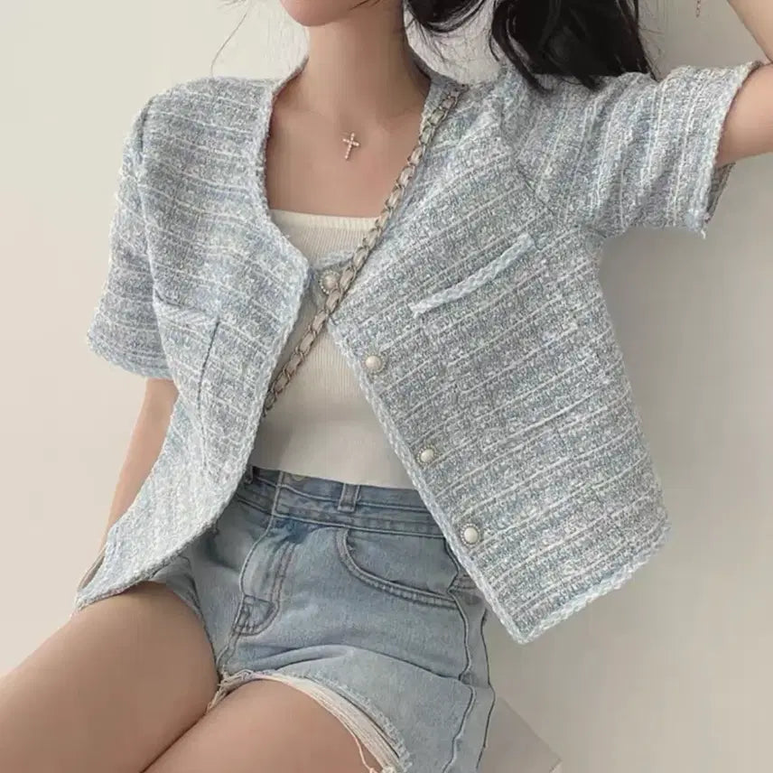 [BUNJANG] Blue Tweed Cropped Short-Sleeve Jacket / 블루 트위드 크롭 반팔 자켓