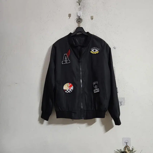 [BUNJANG] Black Bomber Jacket with Patches / 블랙 봄버 자켓 와펜 패치