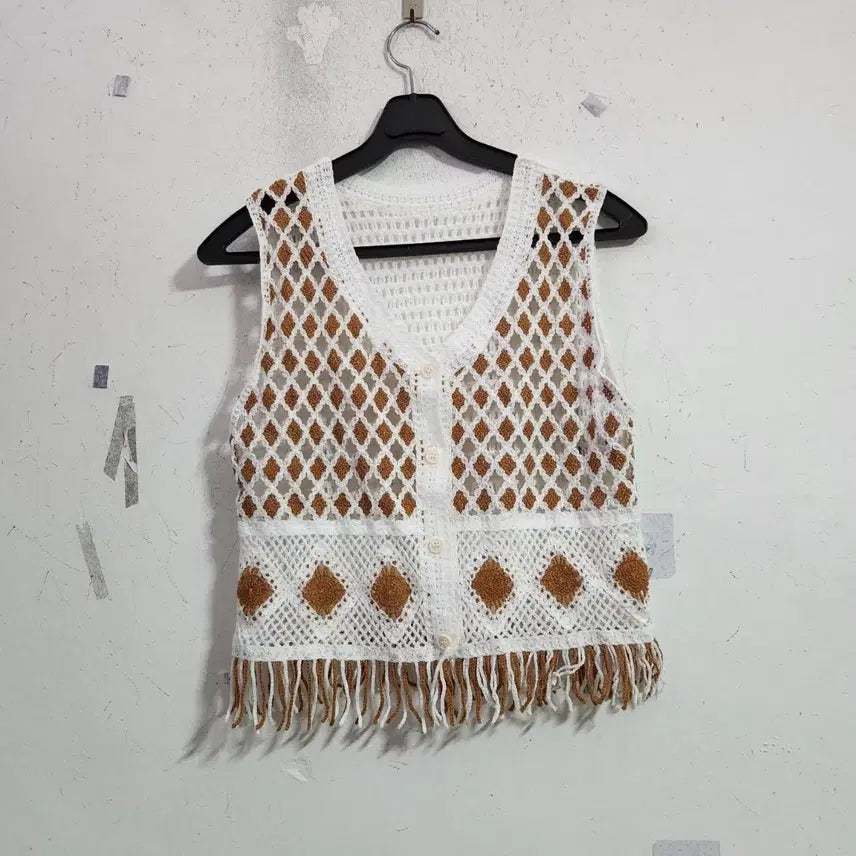[BUNJANG] Women's Knit Vest White Brown / 니트 베스트 여성 조끼 화이트 브라운
