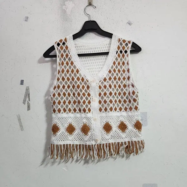 [BUNJANG] Women's Knit Vest White Brown / 니트 베스트 여성 조끼 화이트 브라운