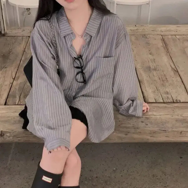 [BUNJANG] OnYourlee Oversized Two-Button Striped Shirt / 온유어리 오버핏 투버튼 스트라이프 셔츠 남방 블루그레이 프리