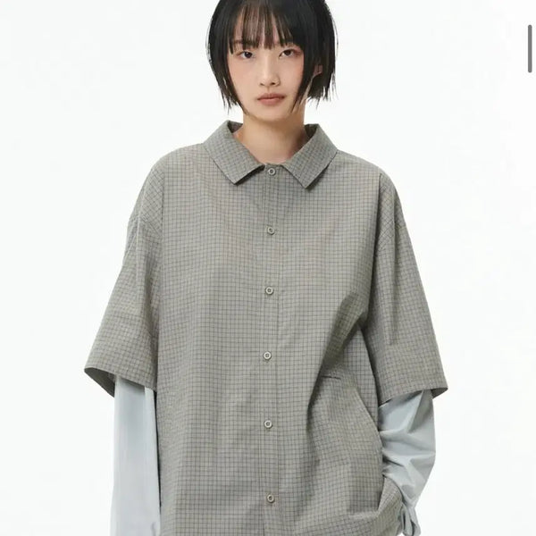 [BUNJANG] Node Labs DEV:10 Layered Sleeve Check Shirt - Beige / 노드랩스 DEV:10 레이어드 슬리브 체크 셔츠_베이지