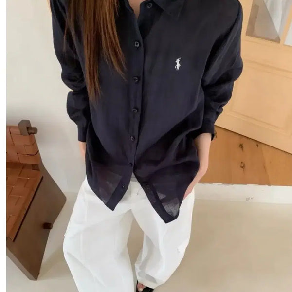 [BUNJANG] Linen Blend Navy Shirt / 빅사이즈 아마 린넨 남방셔츠 남성105 여성66~77~88폴로아님