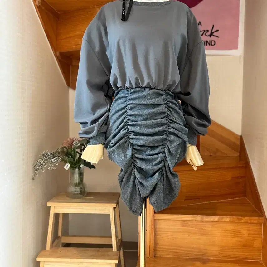 [BUNJANG] Shirring Long Dress Gray / 셔링 롱 원피스 그레이