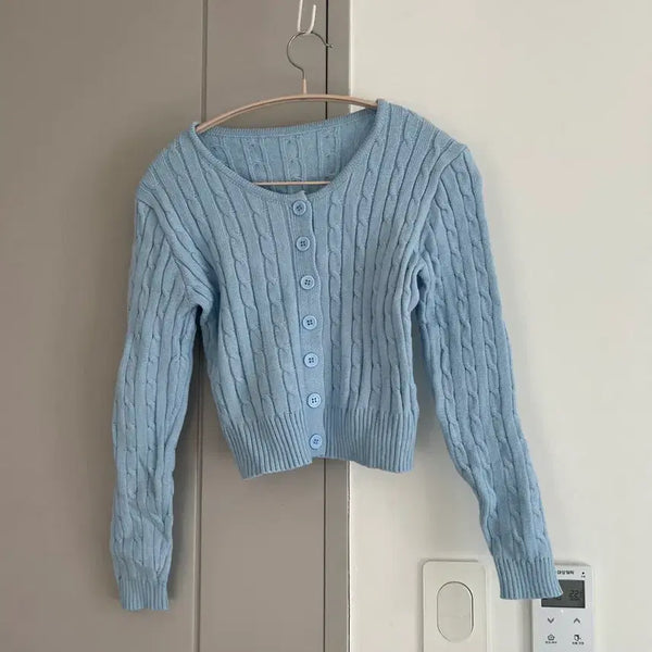 [BUNJANG] Sky Blue Cable Knit Cropped Cardigan / 하늘색 꽈배기 크롭 가디건 (새상품, 정가3만)