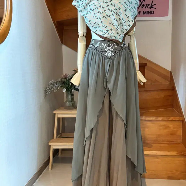 [BUNJANG] Khaki Double Layer Full Shirring Long Skirt / 카키이중 풀셔링