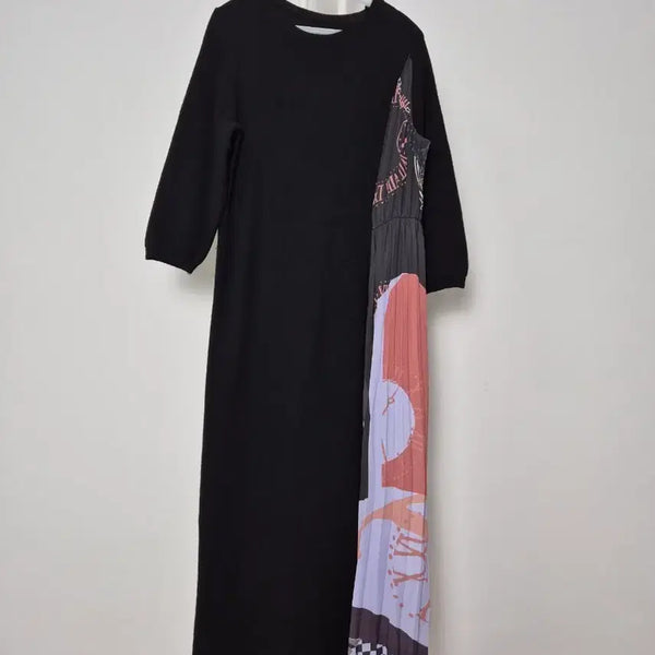 [BUNJANG] Black Pleated Pattern Long Dress / 블랙 원피스 플리츠 패턴 롱 원피스