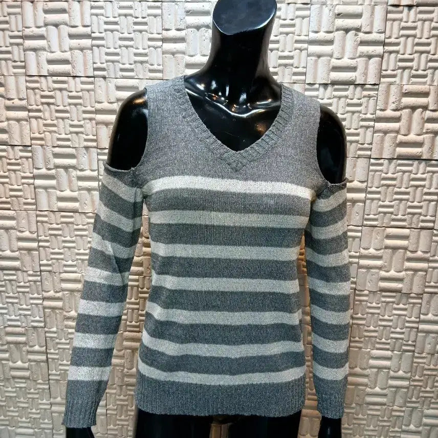 [BUNJANG] Gray Pearl Thin Stripe Open Shoulder Knit Top / [55] 그레이펄 얇은 스트라이프 오픈숄더 니트 탑