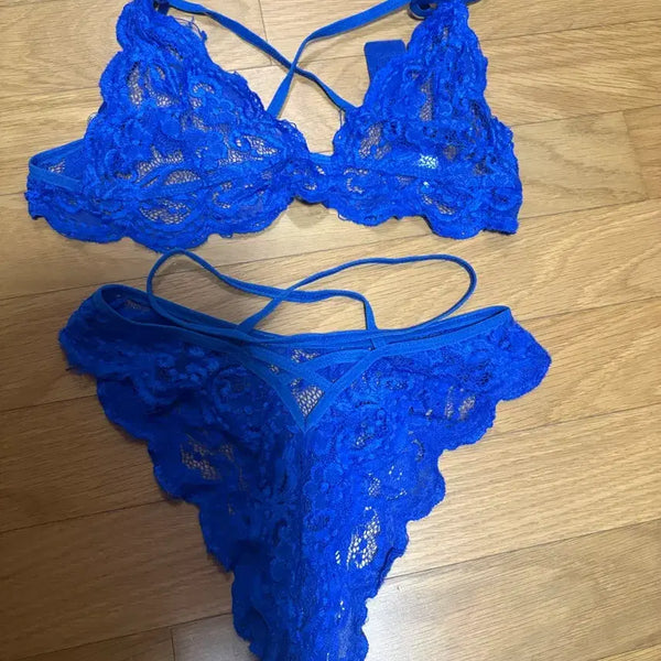 [BUNJANG] Lace Bralette Set - Blue / 레이스 브라렛 세트 블루