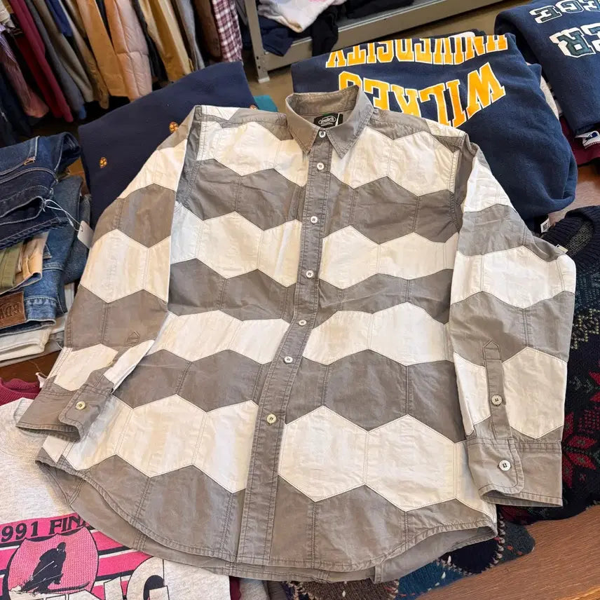 [BUNJANG] DEVILOCK Hexagon Patchwork Shirt Jacket White Gray XL / 데빌록 헥사곤 패치워크 화이트 그레이 셔츠 자켓  XL
