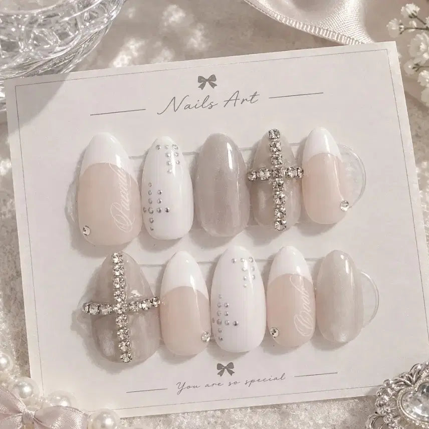 [BUNJANG] Cross Charm Glitter French Nail Tips / 십자가파츠 글리터 프렌치 네일팁