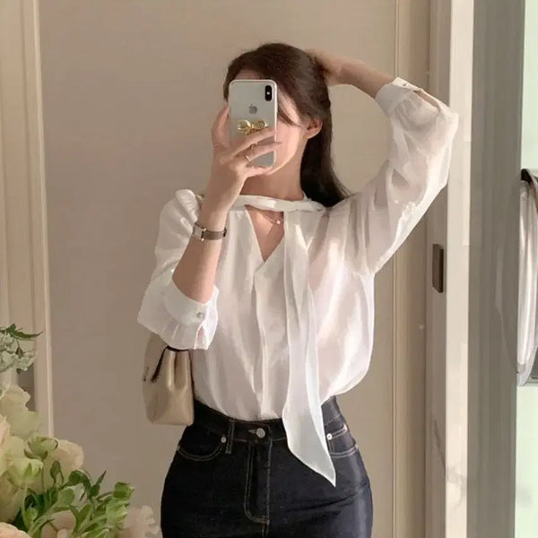 [BUNJANG] Perbit Impression Tulip Scarf Blouse (Ivory) / 퍼빗 임프레션 튤립 스카프 블라우스(아이보리)