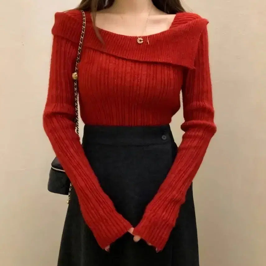 [BUNJANG] Off-Shoulder Ribbed Wool Knit / 오프숄더 언 골지 울 니트