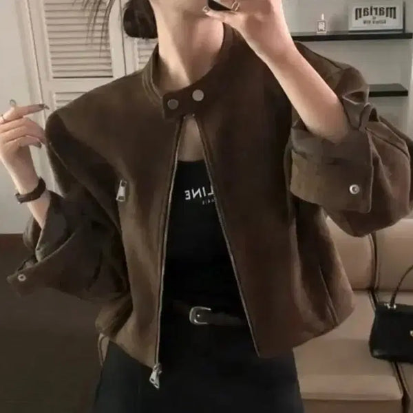 [BUNJANG] Baydely Suede Cropped Jacket / 에이블리 베이델리 스웨이드 크롭 자켓