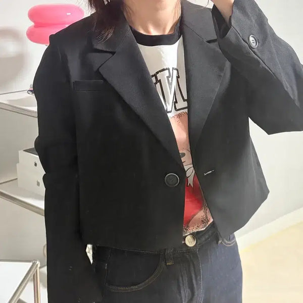 [BUNJANG] Jigott Black Cropped Double-Button Jacket (New) / 신세계 지컷 블랙 크롭 더블 버튼 자켓 경조사용 새제품 55