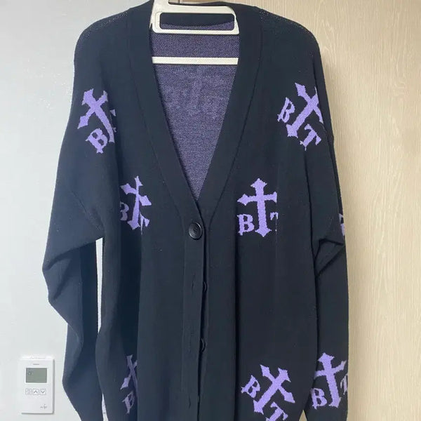 [BUNJANG] Unique Black Cardigan with Purple Cross Pattern / 가디건