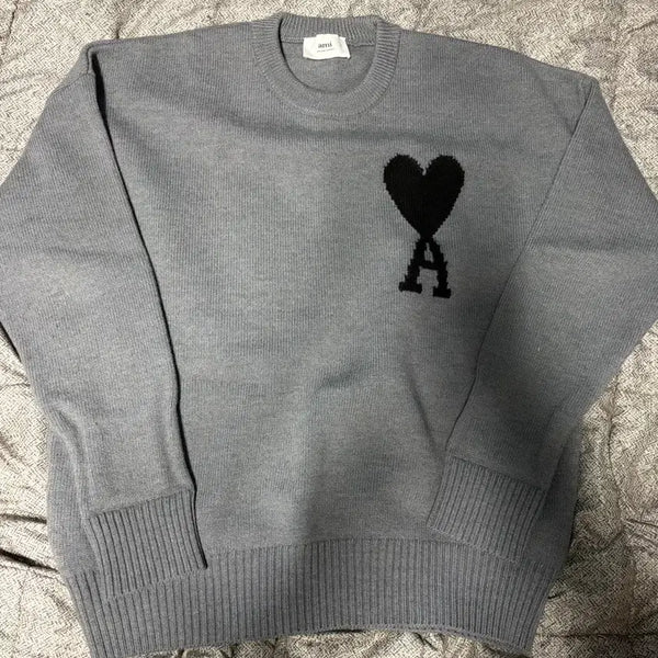 [BUNJANG] AMI Heart Logo Knit Grey L / 아미 하트 로고 니트 그레이
