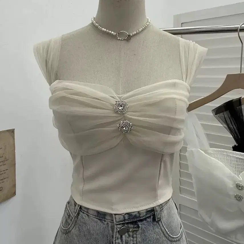 [BUNJANG] Mesh Chiffon Cubic Blouse / 메쉬 쉬폰 큐빅 탑 블라우스 수입의류 새상품 파티룩 방송룩 bj룩 여캠룩