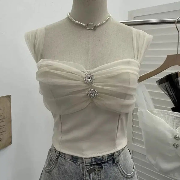 [BUNJANG] Mesh Chiffon Cubic Blouse / 메쉬 쉬폰 큐빅 탑 블라우스 수입의류 새상품 파티룩 방송룩 bj룩 여캠룩